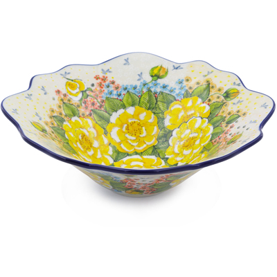 Polish Pottery Scalloped Bowl 12&quot; L38 Yellow Elegance UNIKAT
