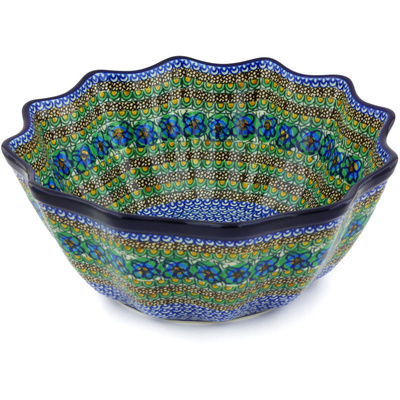 Polish Pottery Scalloped Bowl 12&quot; Mardi Gras UNIKAT