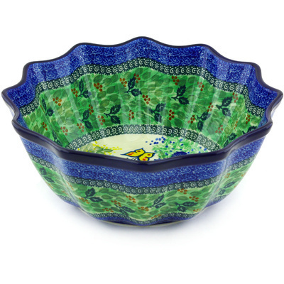 Polish Pottery Scalloped Bowl 12&quot; Spring Garden UNIKAT