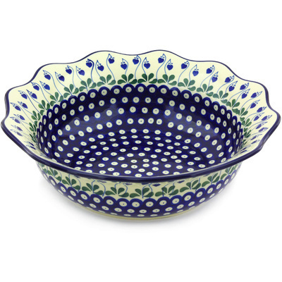 Polish Pottery Scalloped Bowl 14&quot; Bleeding Heart Peacock