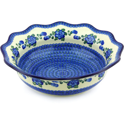 Polish Pottery Scalloped Bowl 14&quot; Blue Poppies
