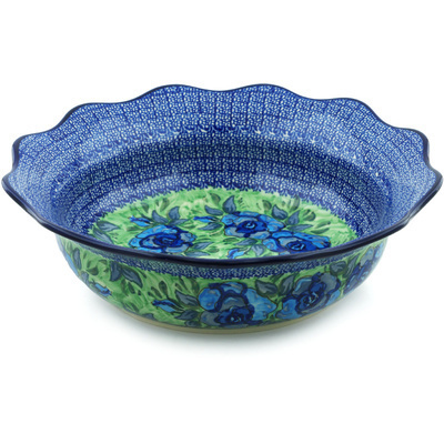Polish Pottery Scalloped Bowl 14&quot; Matisse Flowers Cobalt UNIKAT