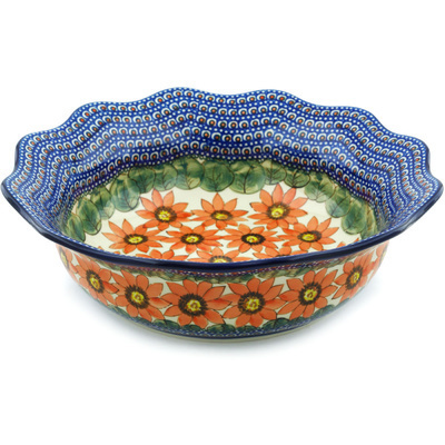 Polish Pottery Scalloped Bowl 14&quot; Red Blooms UNIKAT
