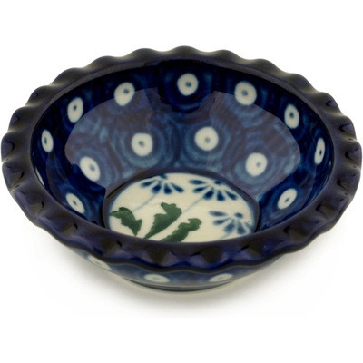Polish Pottery Scalloped Bowl 3&quot; Blue Daisy Peacock