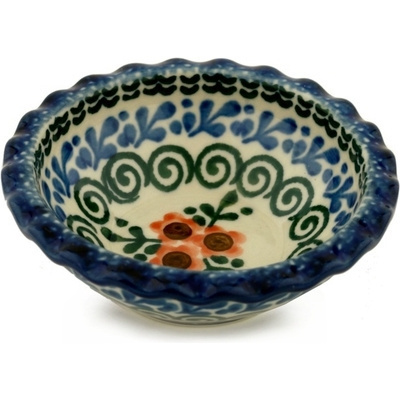 Polish Pottery Scalloped Bowl 3&quot; Orange Poppy Wreath