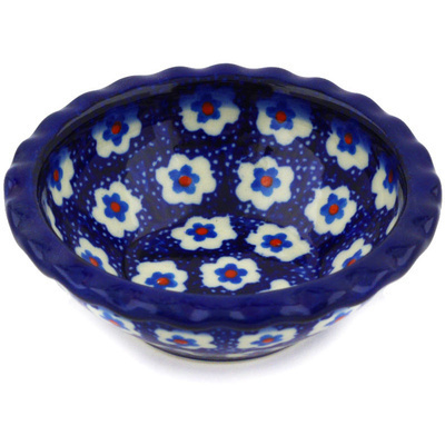 Polish Pottery Scalloped Bowl 3&quot; White Flowers On Blue