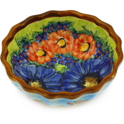 Polish Pottery Scalloped Bowl 5&quot; Blue Garden UNIKAT