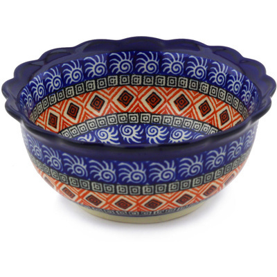 Polish Pottery Scalloped Bowl 6&quot; Aztec Night