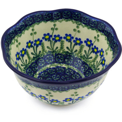 Polish Pottery Scalloped Bowl 6&quot; Blue Daisy Circle