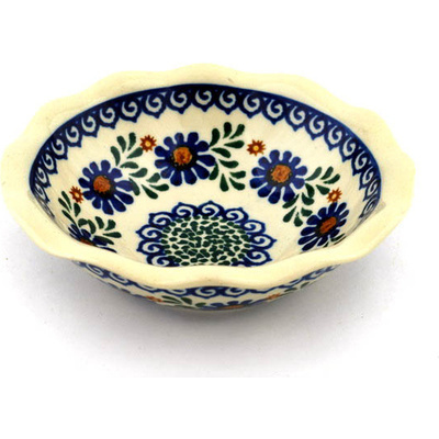 Polish Pottery Scalloped Bowl 6&quot; Blue Daisy Meadow