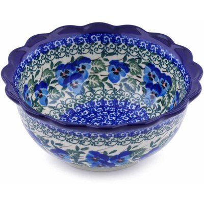 Polish Pottery Scalloped Bowl 6&quot; Blue Pansy