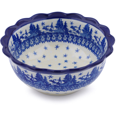 Polish Pottery Scalloped Bowl 6&quot; Blue Winter