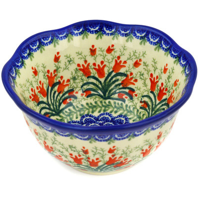 Polish Pottery Scalloped Bowl 6&quot; Crimson Bells