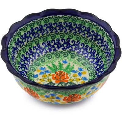 Polish Pottery Scalloped Bowl 6&quot; Dancing Roses UNIKAT