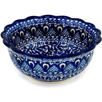 Polish Pottery Scalloped Bowl 6&quot; Denim Flowers UNIKAT