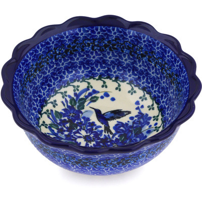 Polish Pottery Scalloped Bowl 6&quot; Hummingbird Blue UNIKAT