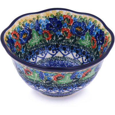 Polish Pottery Scalloped Bowl 6&quot; Lupines And Roses UNIKAT