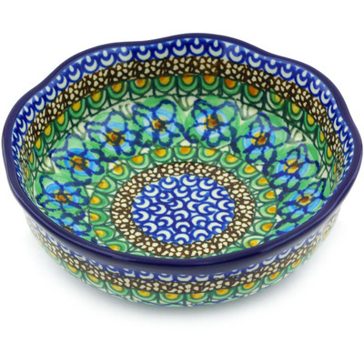 Polish Pottery Scalloped Bowl 6&quot; Mardi Gras UNIKAT