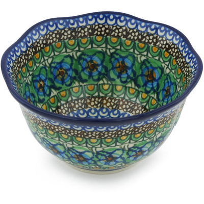 Polish Pottery Scalloped Bowl 6&quot; Mardi Gras UNIKAT