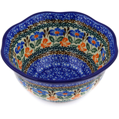 Polish Pottery Scalloped Bowl 6&quot; Orange And Blue Delight