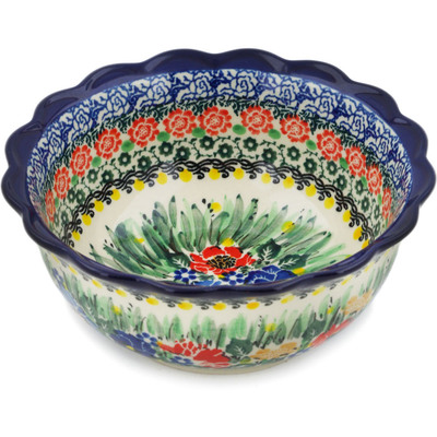 Polish Pottery Scalloped Bowl 6&quot; Poppy Dots UNIKAT