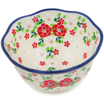 Polish Pottery Scalloped Bowl 6&quot; Rosy Cheeks