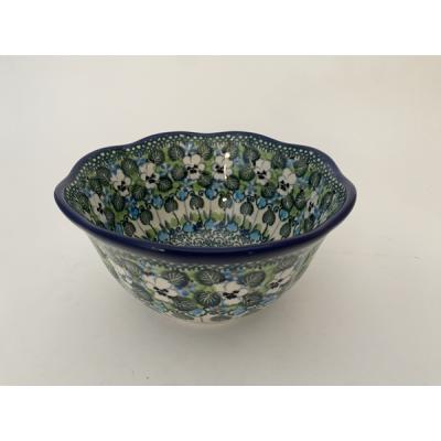 Polish Pottery Scalloped Bowl 6&quot; White Pansies UNIKAT