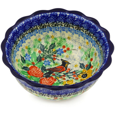 Polish Pottery Scalloped Bowl 6&quot; Woodpecker Meadow UNIKAT
