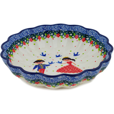 Polish Pottery Scalloped Bowl 7&quot; Bird Prince And Princess UNIKAT