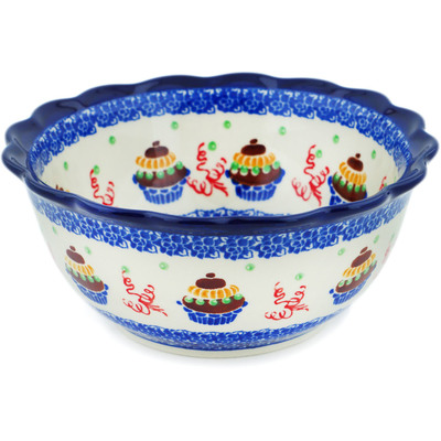 Polish Pottery Scalloped Bowl 7&quot; Birthday Cupcakes