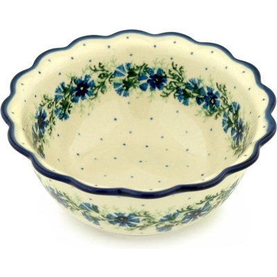 Polish Pottery Scalloped Bowl 7&quot; Blue Bell Wreath