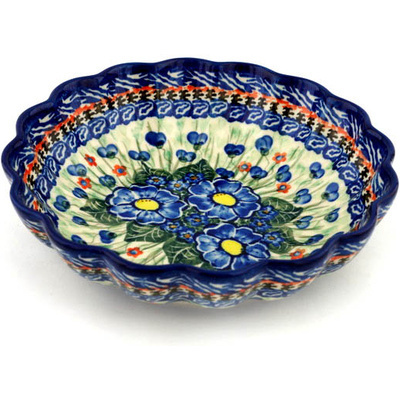 Polish Pottery Scalloped Bowl 7&quot; Blue Bud Delight UNIKAT
