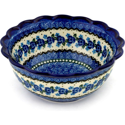 Polish Pottery Scalloped Bowl 7&quot; Blue Bud Sea
