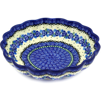 Polish Pottery Scalloped Bowl 7&quot; Blue Bud Sea