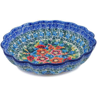 Polish Pottery Scalloped Bowl 7&quot; Blue Daisy Bouquet UNIKAT