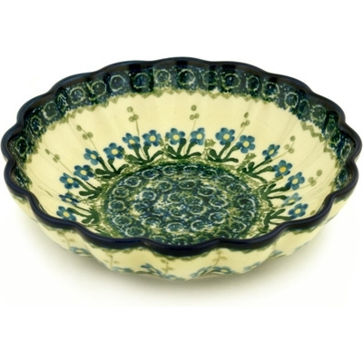 Polish Pottery Scalloped Bowl 7&quot; Blue Daisy Circle