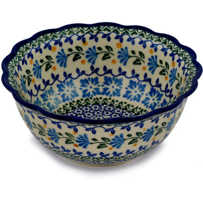 Polish Pottery Scalloped Bowl 7&quot; Blue Fan Flowers