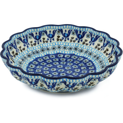 Polish Pottery Scalloped Bowl 7&quot; Blue Ice