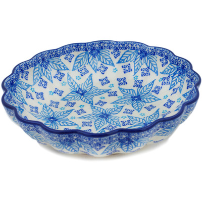 Polish Pottery Scalloped Bowl 7&quot; Blue Poinsettia UNIKAT
