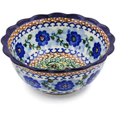 Polish Pottery Scalloped Bowl 7&quot; Blue Poppy Circle UNIKAT