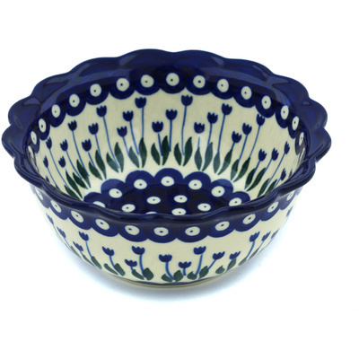 Polish Pottery Scalloped Bowl 7&quot; Blue Tulip Peacock