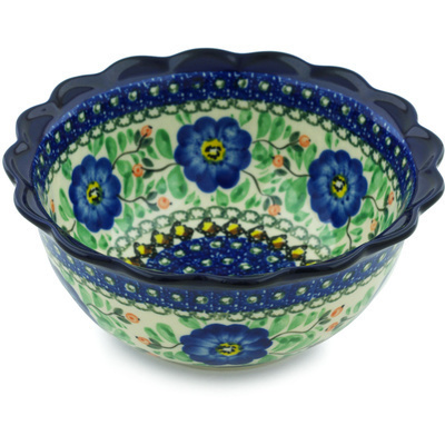 Polish Pottery Scalloped Bowl 7&quot; Cobalt Poppies UNIKAT