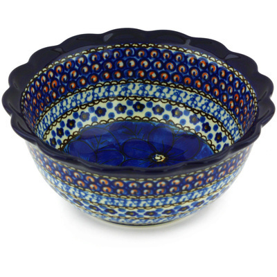 Polish Pottery Scalloped Bowl 7&quot; Cobalt Poppies UNIKAT