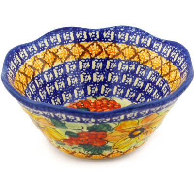 Polish Pottery Scalloped Bowl 7&quot; Colorful Bouquet UNIKAT
