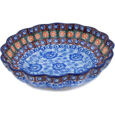 Polish Pottery Scalloped Bowl 7&quot; Dancing Blue Poppies UNIKAT