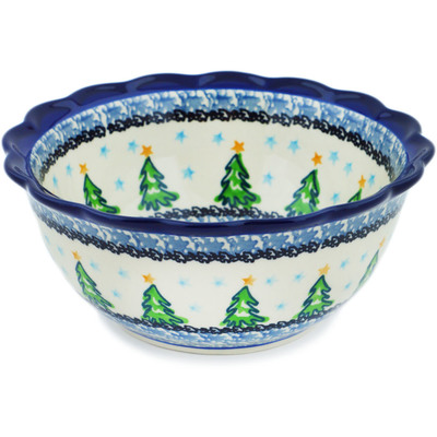 Polish Pottery Scalloped Bowl 7&quot; Ethereal Evergreen