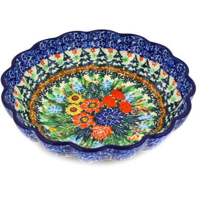 Polish Pottery Scalloped Bowl 7&quot; Evergreen Meadow UNIKAT