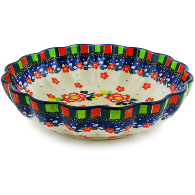 Polish Pottery Scalloped Bowl 7&quot; Floral Puzzles UNIKAT