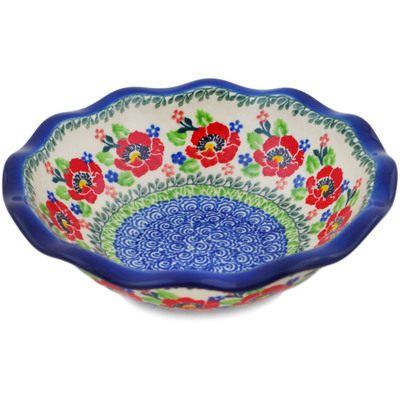 Polish Pottery Scalloped Bowl 7&quot; Flourishing Flowers
