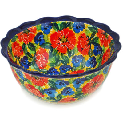 Polish Pottery Scalloped Bowl 7&quot; Flowers Collected On A Sunny Day UNIKAT